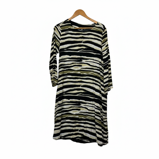 Yarra Trail Black Cream Olive Green Stripe Print Dress - Size 16
