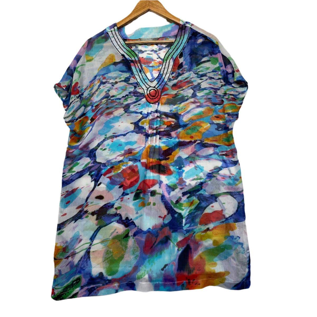 Yarra Trail Multicoloured Sheer Longline Short Sleeve Top - Size 14