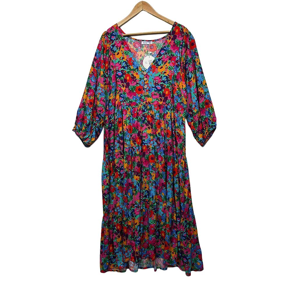 You+All Multicoloured Floral Swing Midi Dress - Size 18
