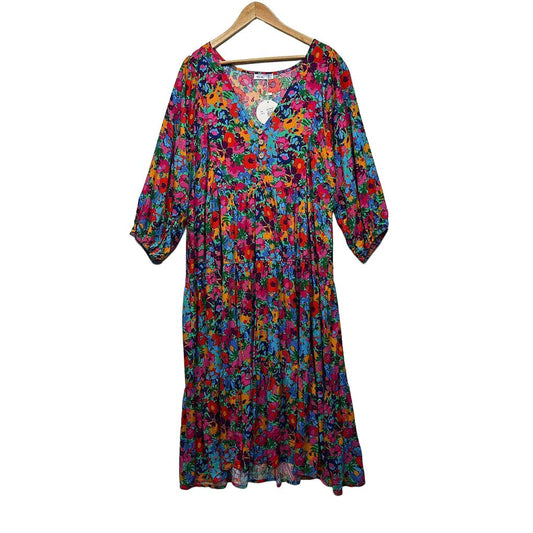 You+All Multicoloured Floral Swing Midi Dress - Size 18