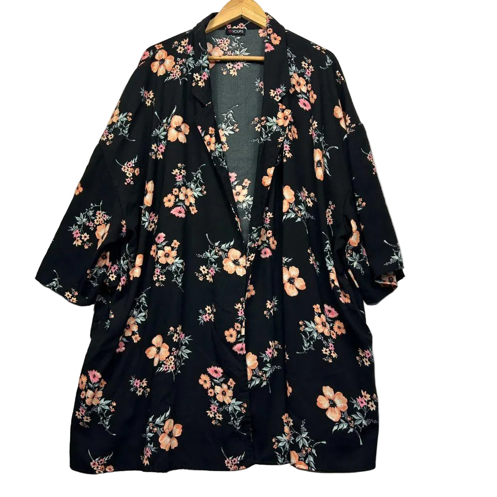 Yours Black Floral Kimono - Size 30/32