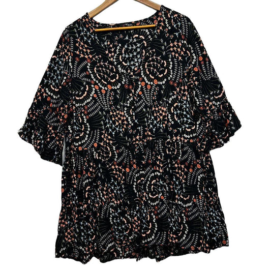 Yours Black Floral Print Top - Size 22