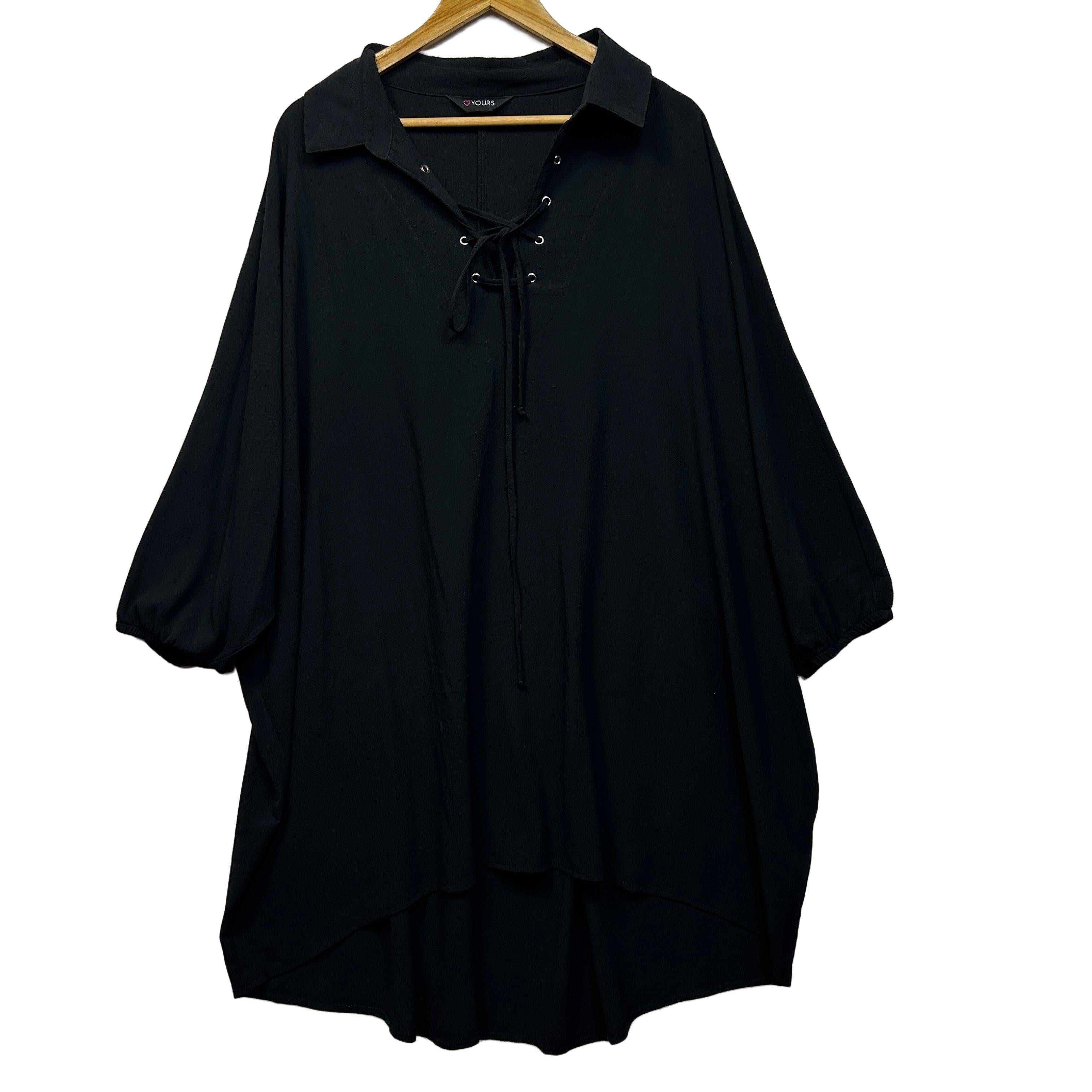 Yours Black Plus Size Lace Up Collared Top - Size 26-28
