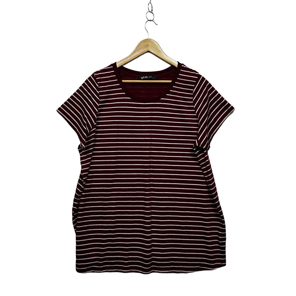 Yours Burgundy Striped Plus Size Cotton T-Shirt - Size 20