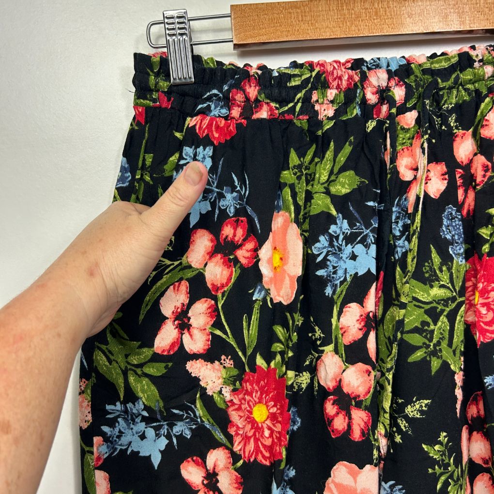 Black floral skirt detail view