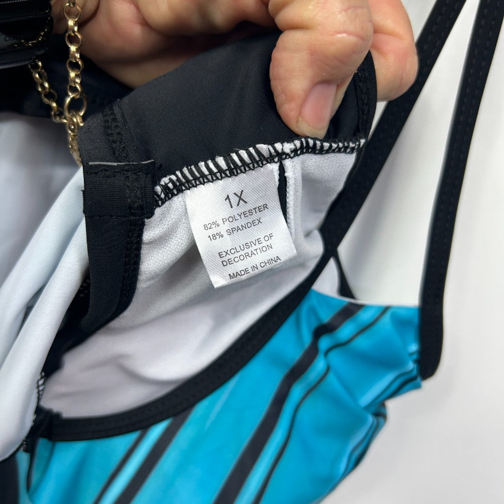 Black and blue swimsuit label detail view