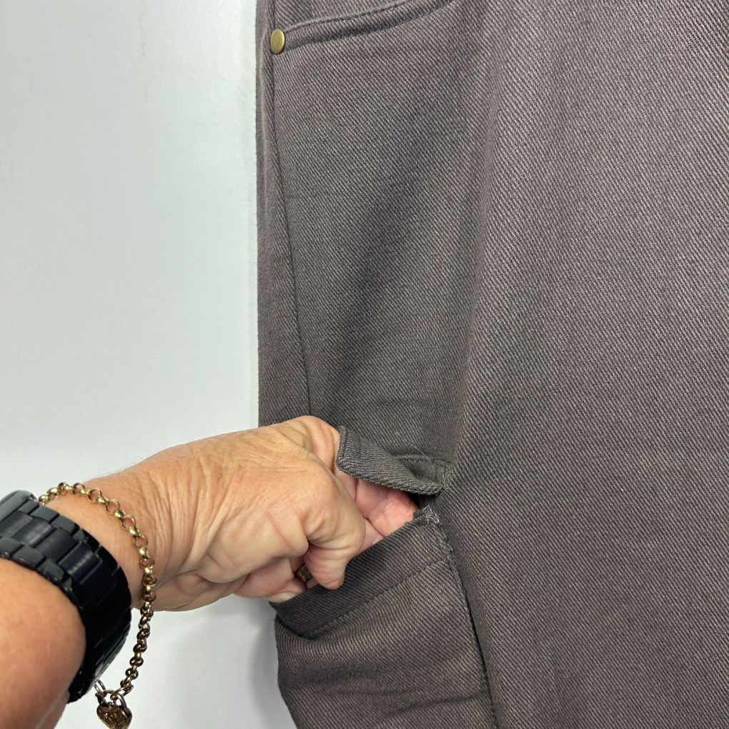 Grey pants detail view showing pocket and hem