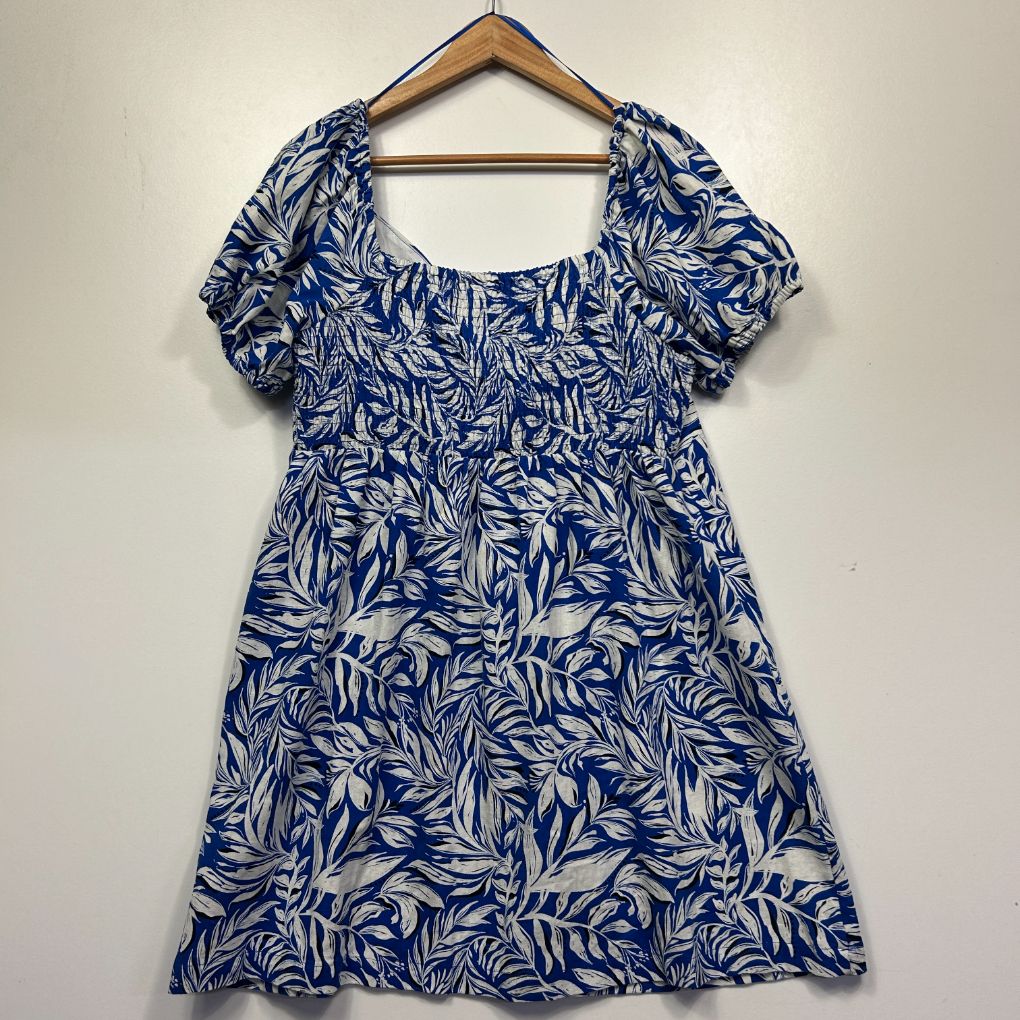 Blue and white floral print dress front view