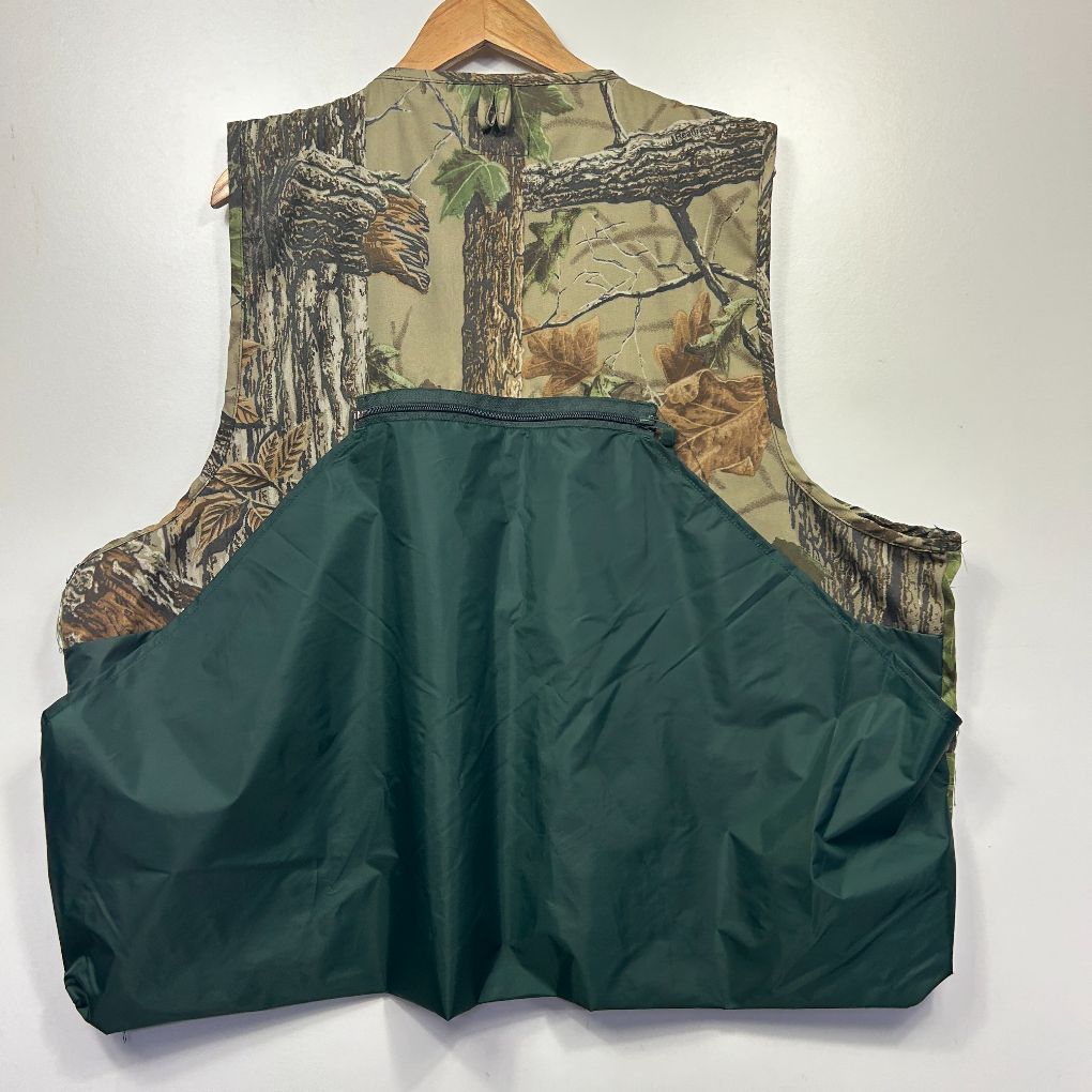 Green and beige forest print vest back view