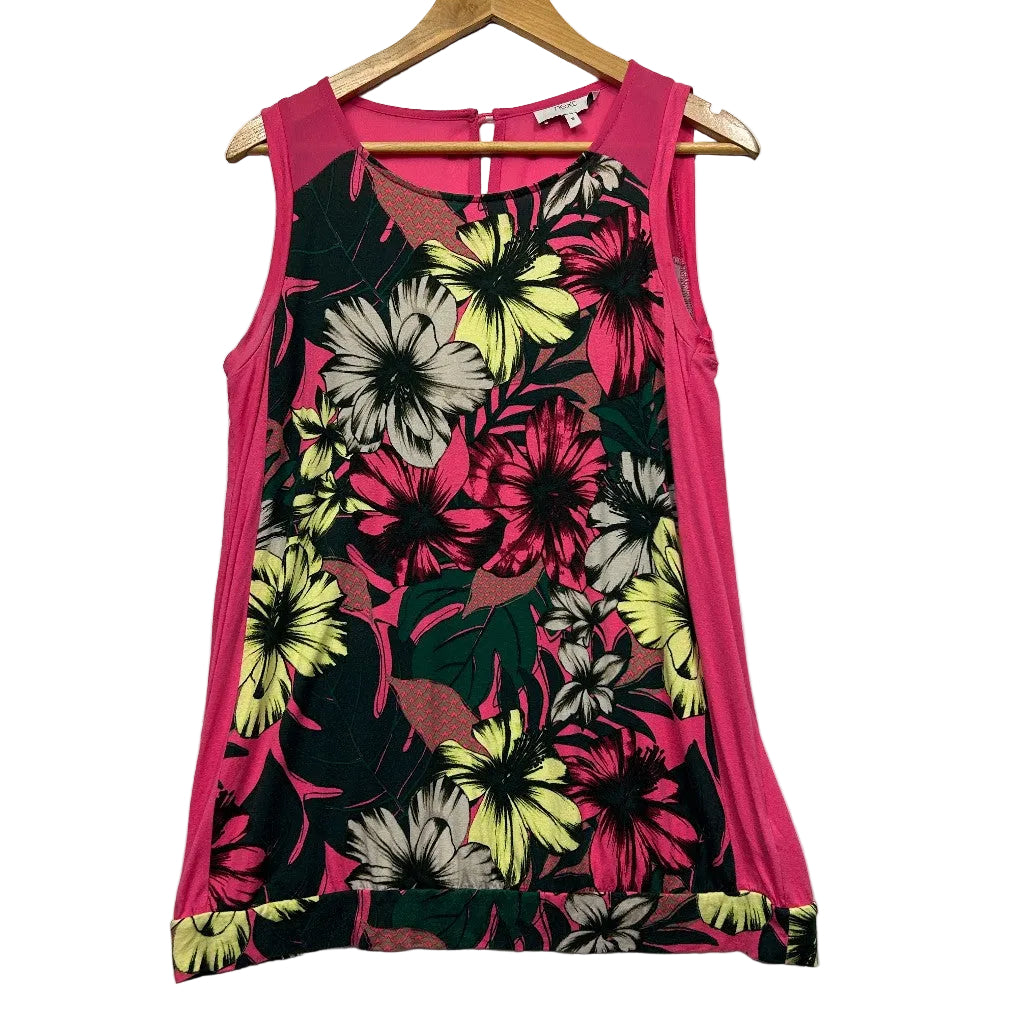 Pink and black floral sleeveless tunic top front view