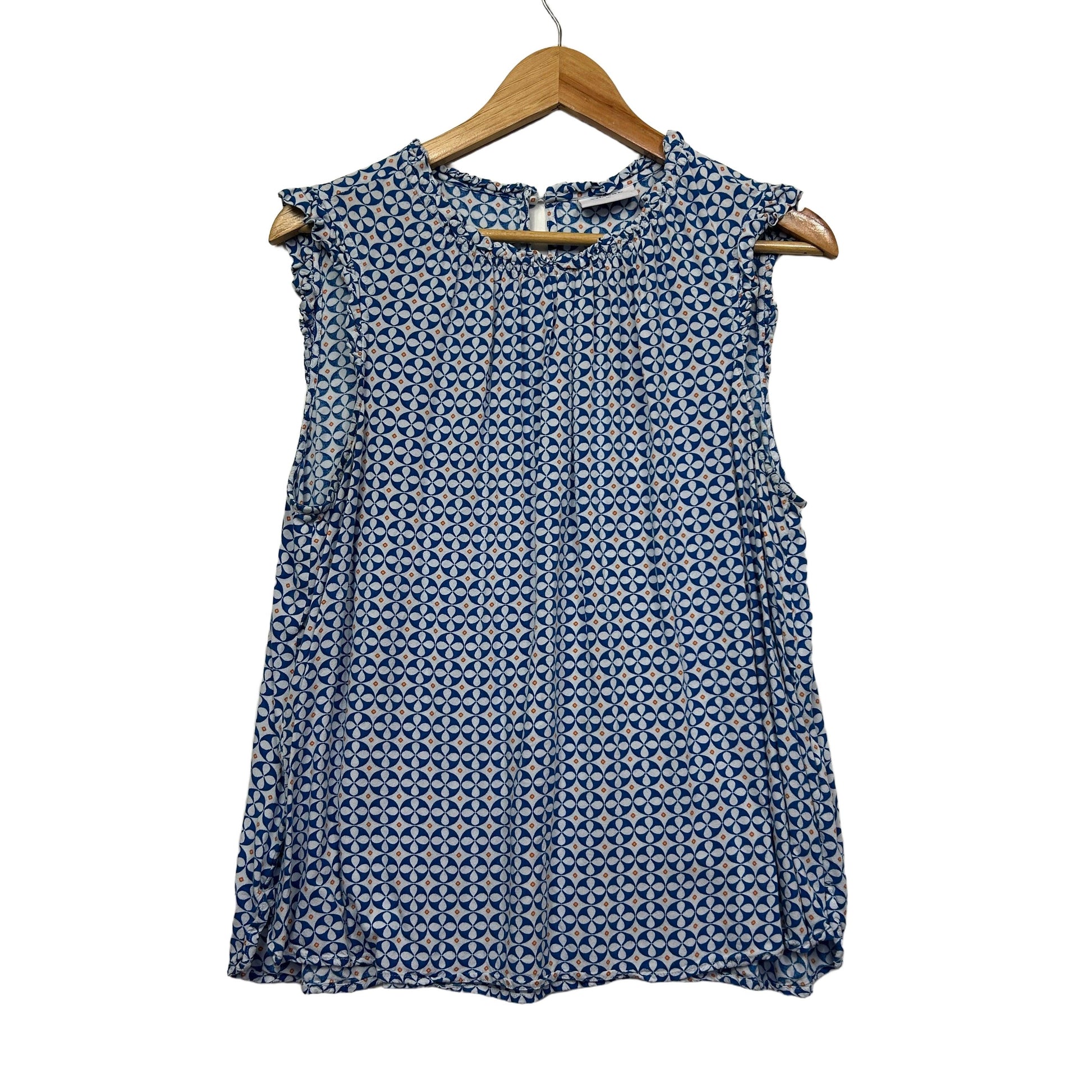 Blue geometric patterned sleeveless top front view
