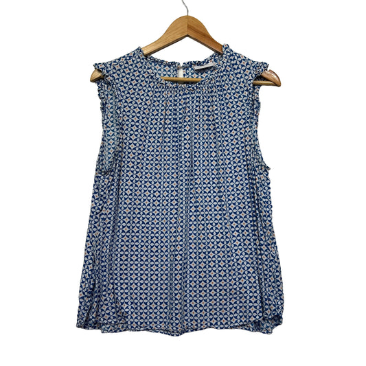 Blue geometric patterned sleeveless top front view