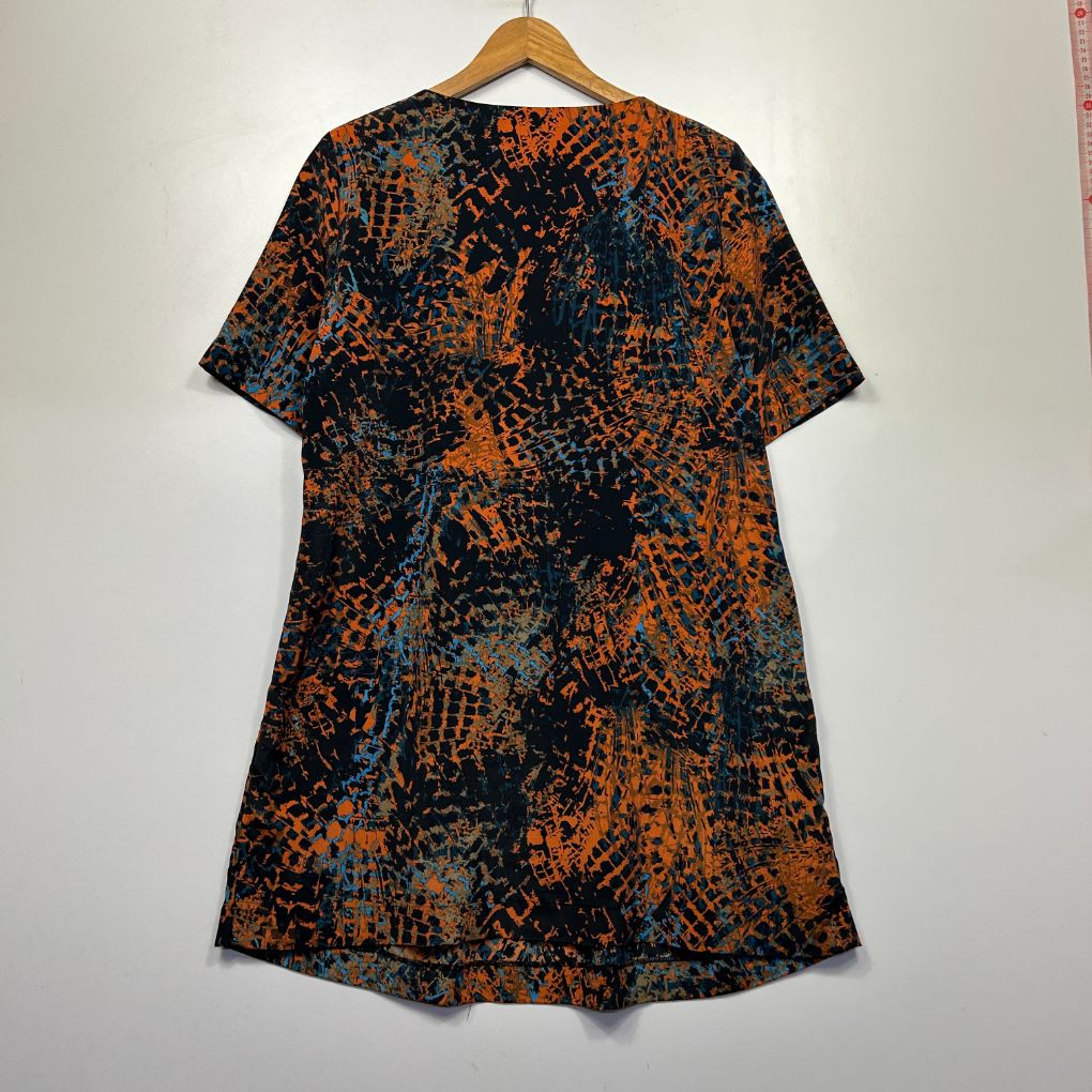 Orange and black patterned dress front view