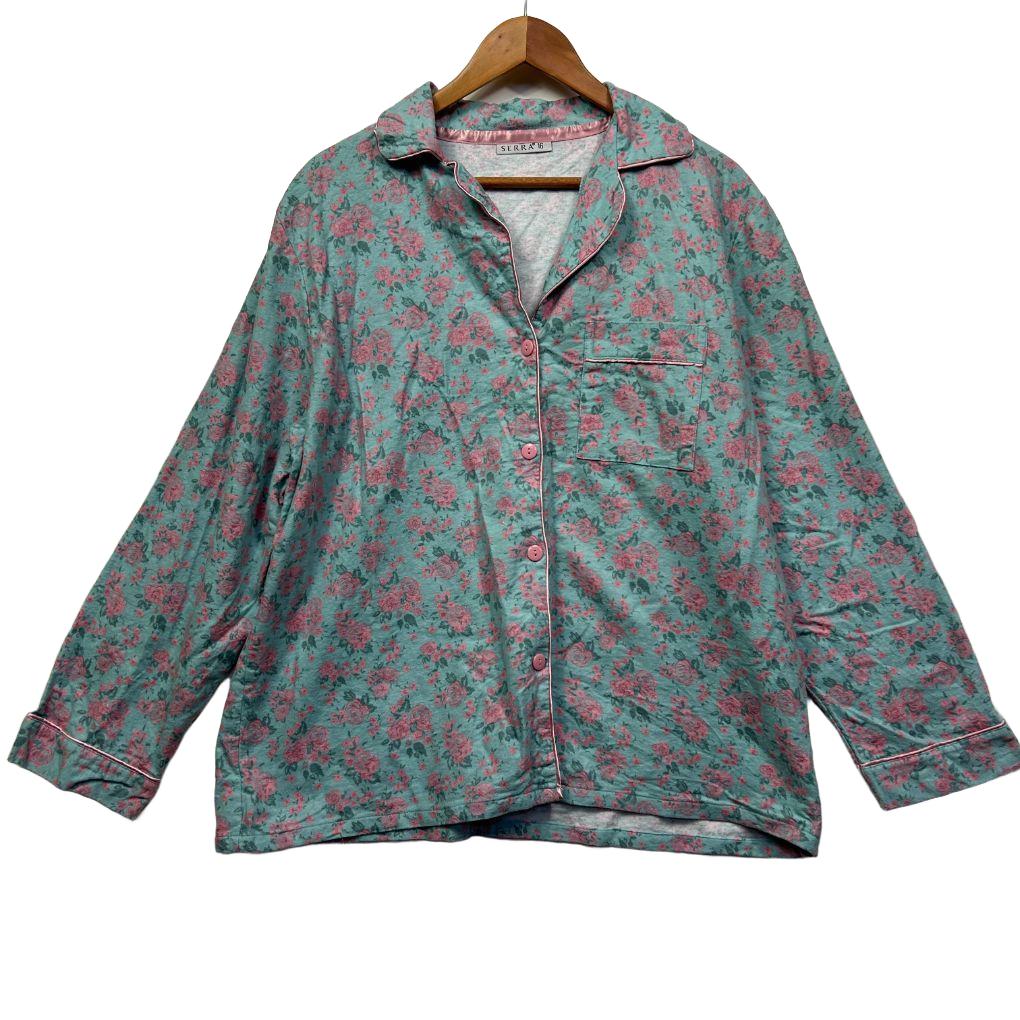 Teal floral button-up shirt front view