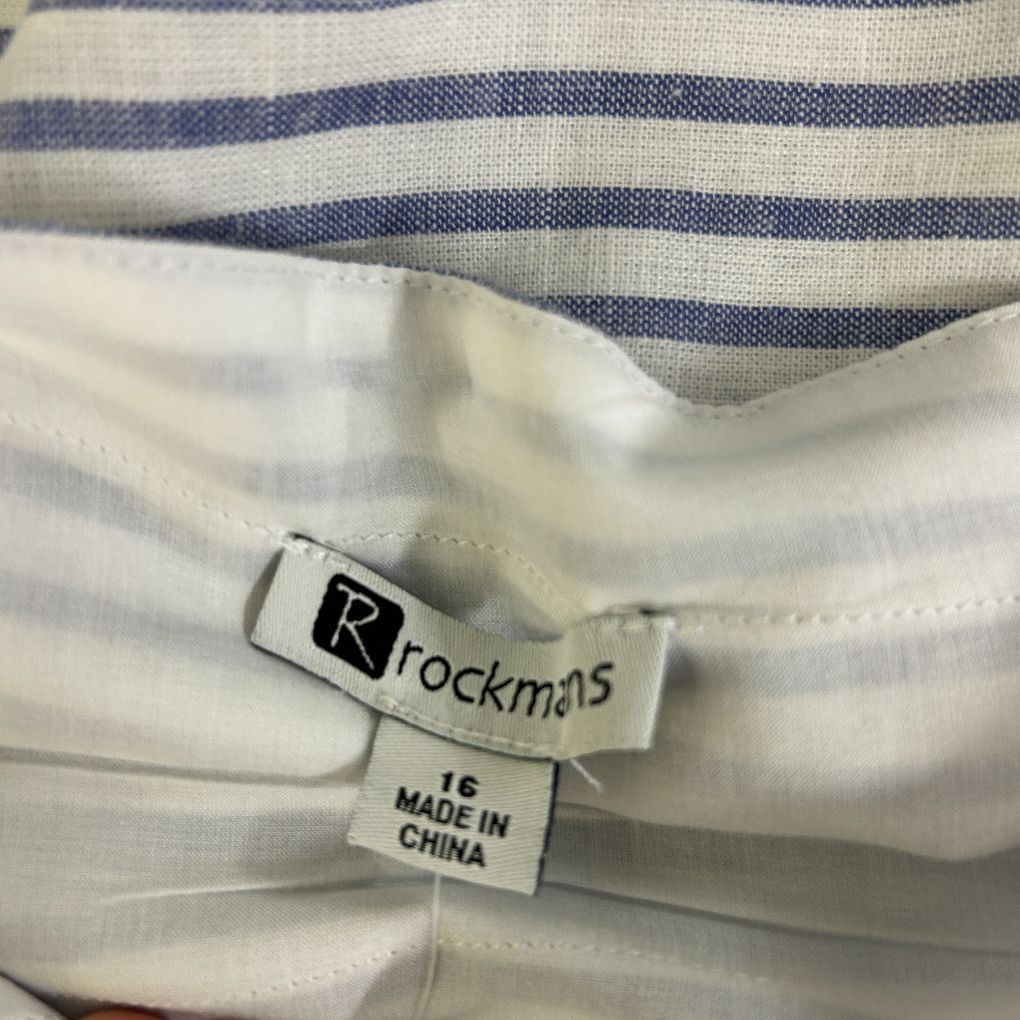 White and navy striped shirt label detail view