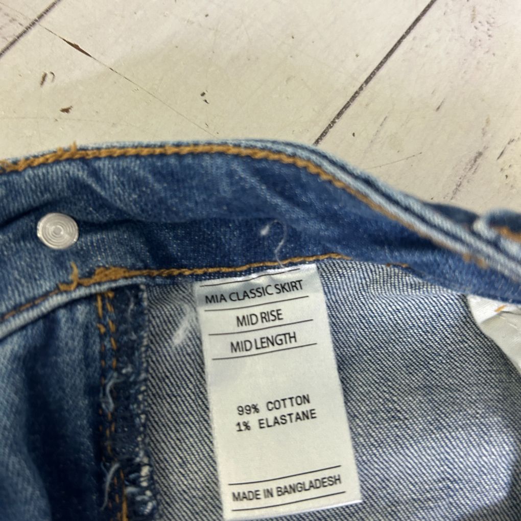 Blue denim jeans label detail view