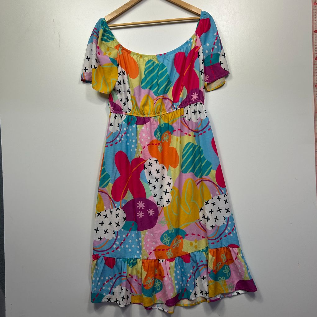 Colorful floral print dress front view on hanger