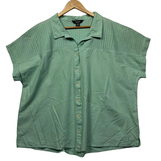 Sage green short sleeve button up shirt front view
