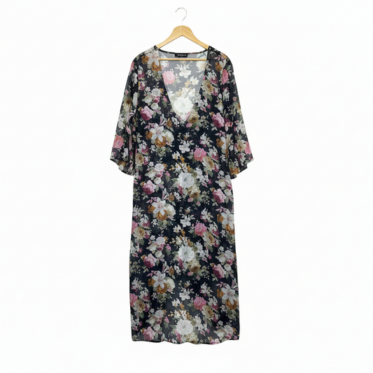 Black floral kimono dress with white background