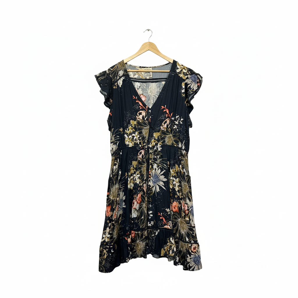 Black floral print dress on white background