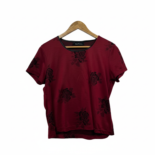 Burgundy Katies floral top on white background