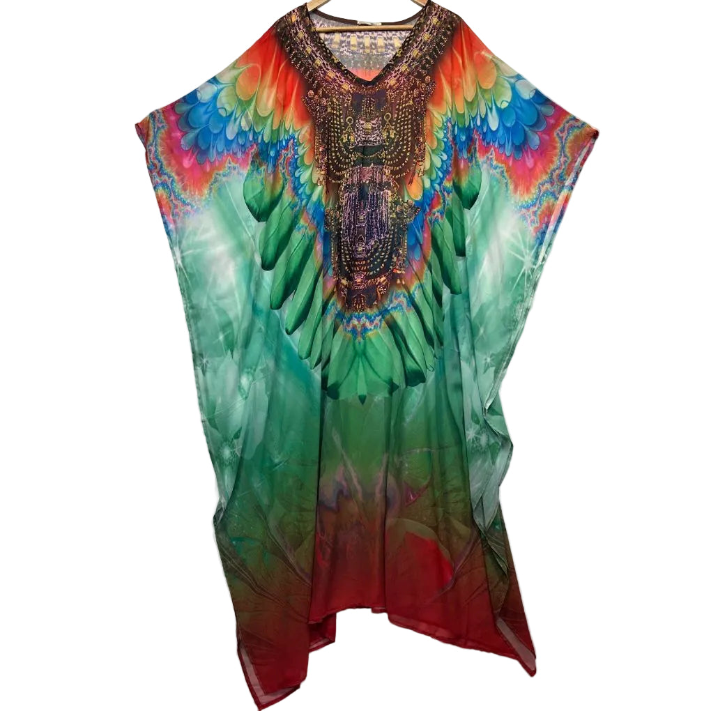 Multicolour kaftan front view with rainbow wings graphic