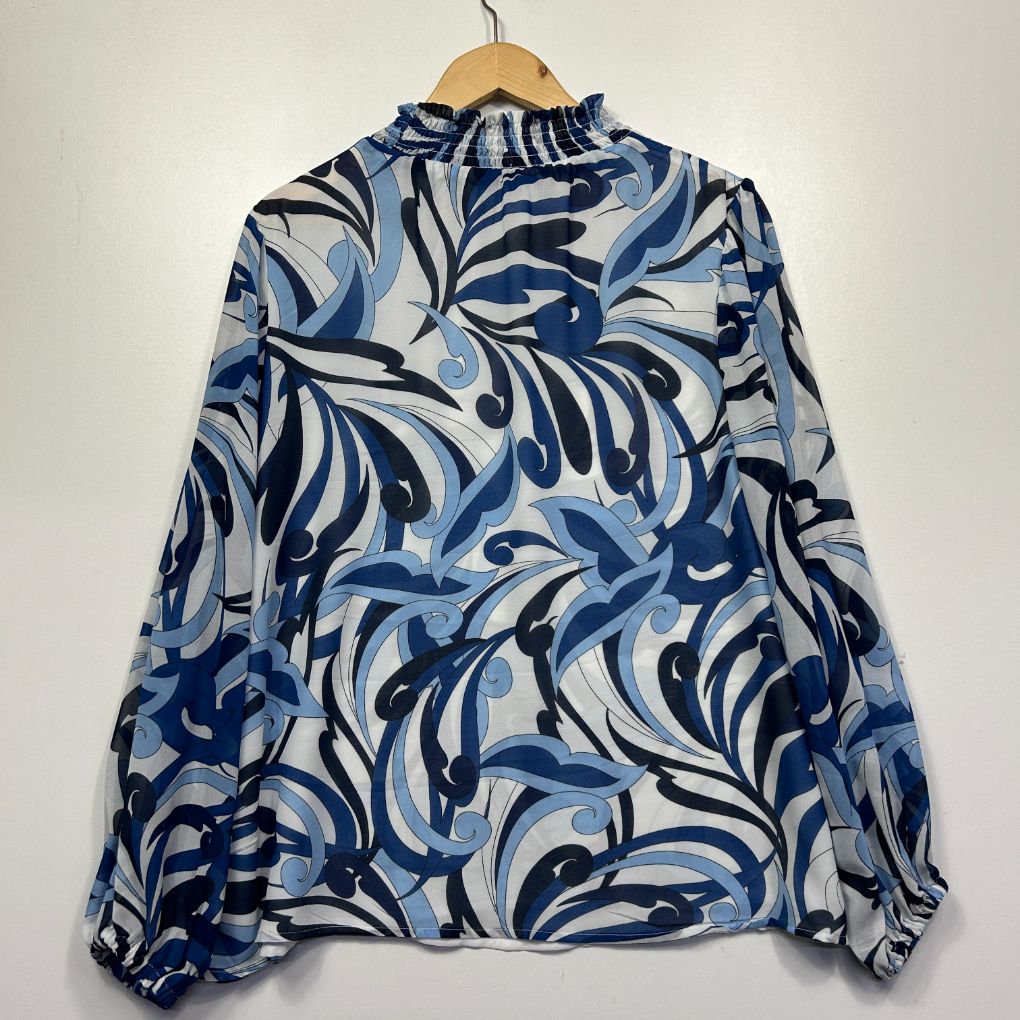 Blue and white abstract patterned jacket front view