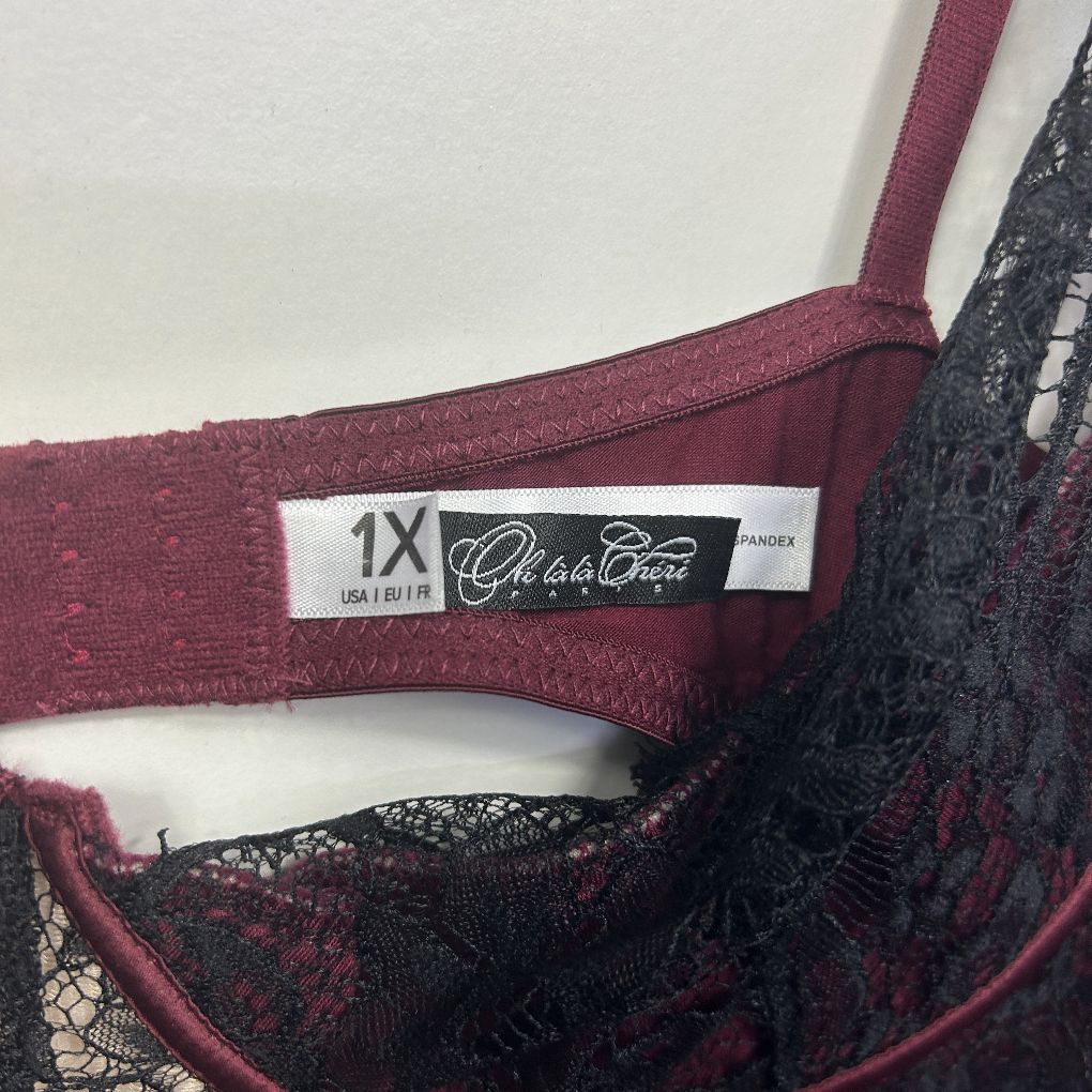 Burgundy lace bra label detail view