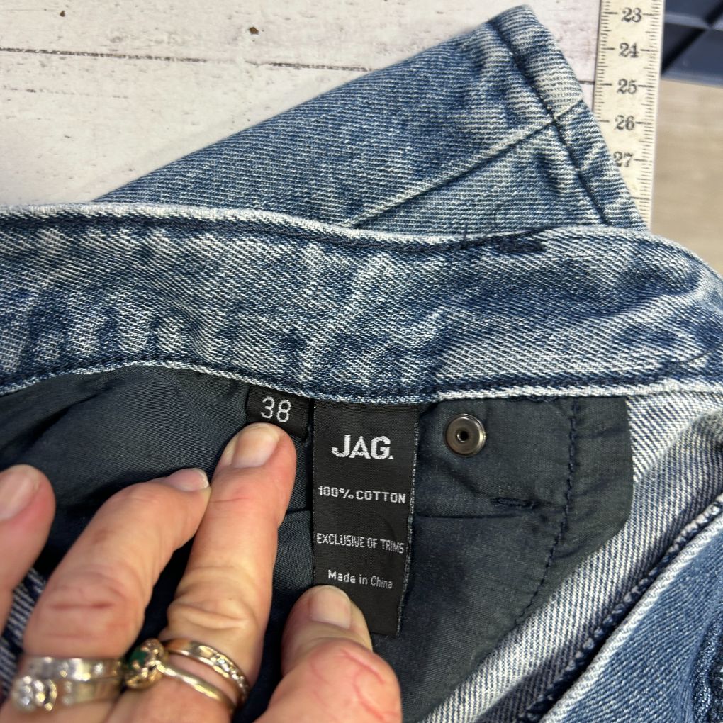Blue denim jeans label detail view