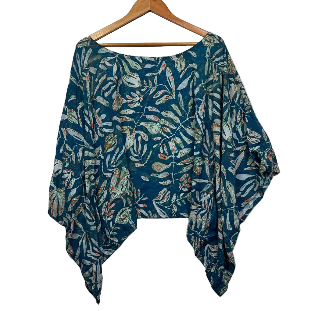 Teal and cream patterned kimono front view