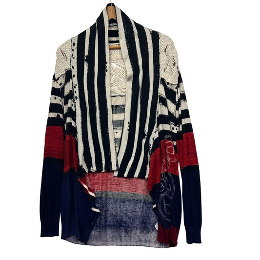 Cream navy and red striped cardigan front view
