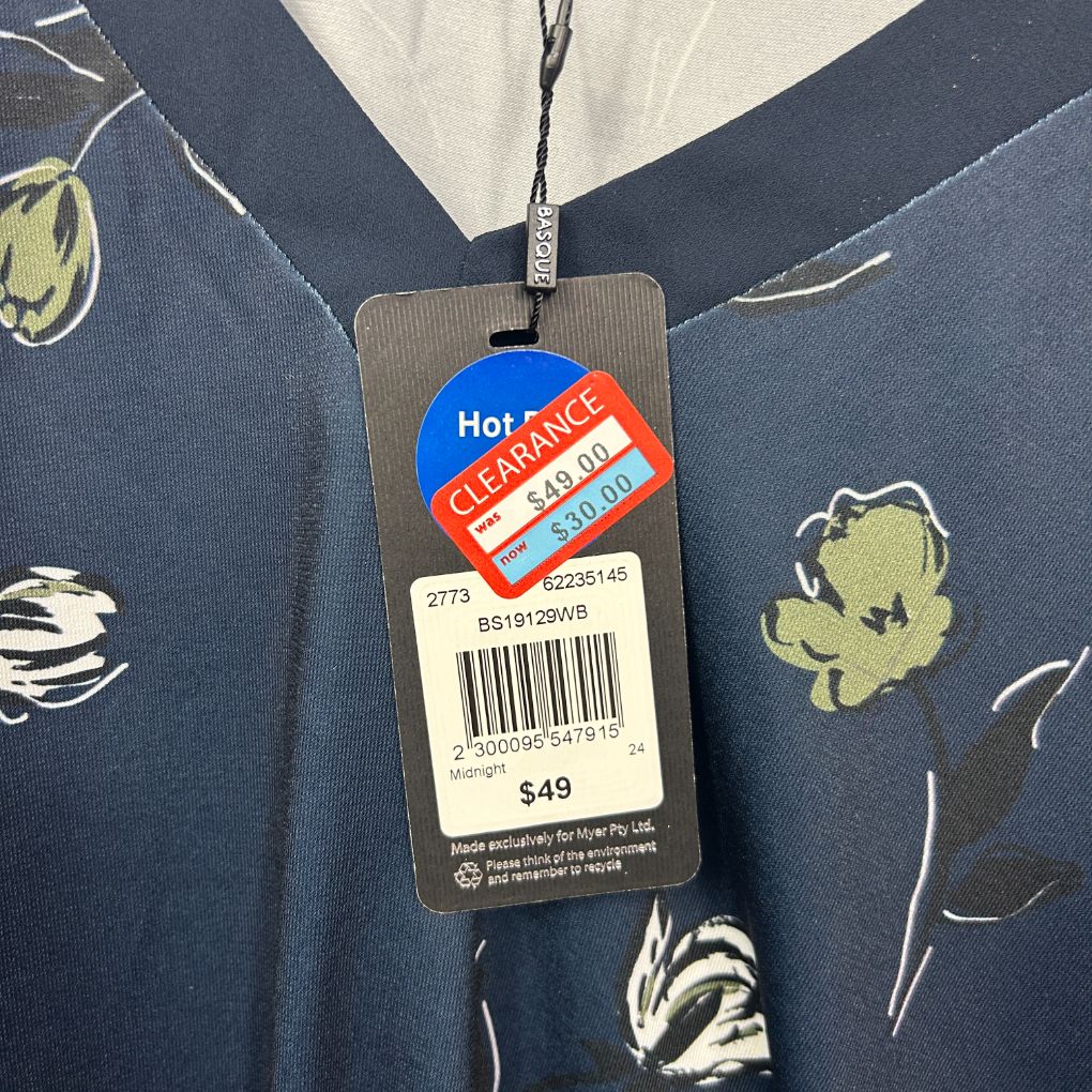 Navy blue top with yellow floral pattern label view