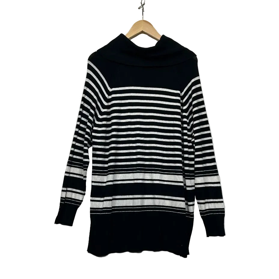 Black and white striped knit sweater front view