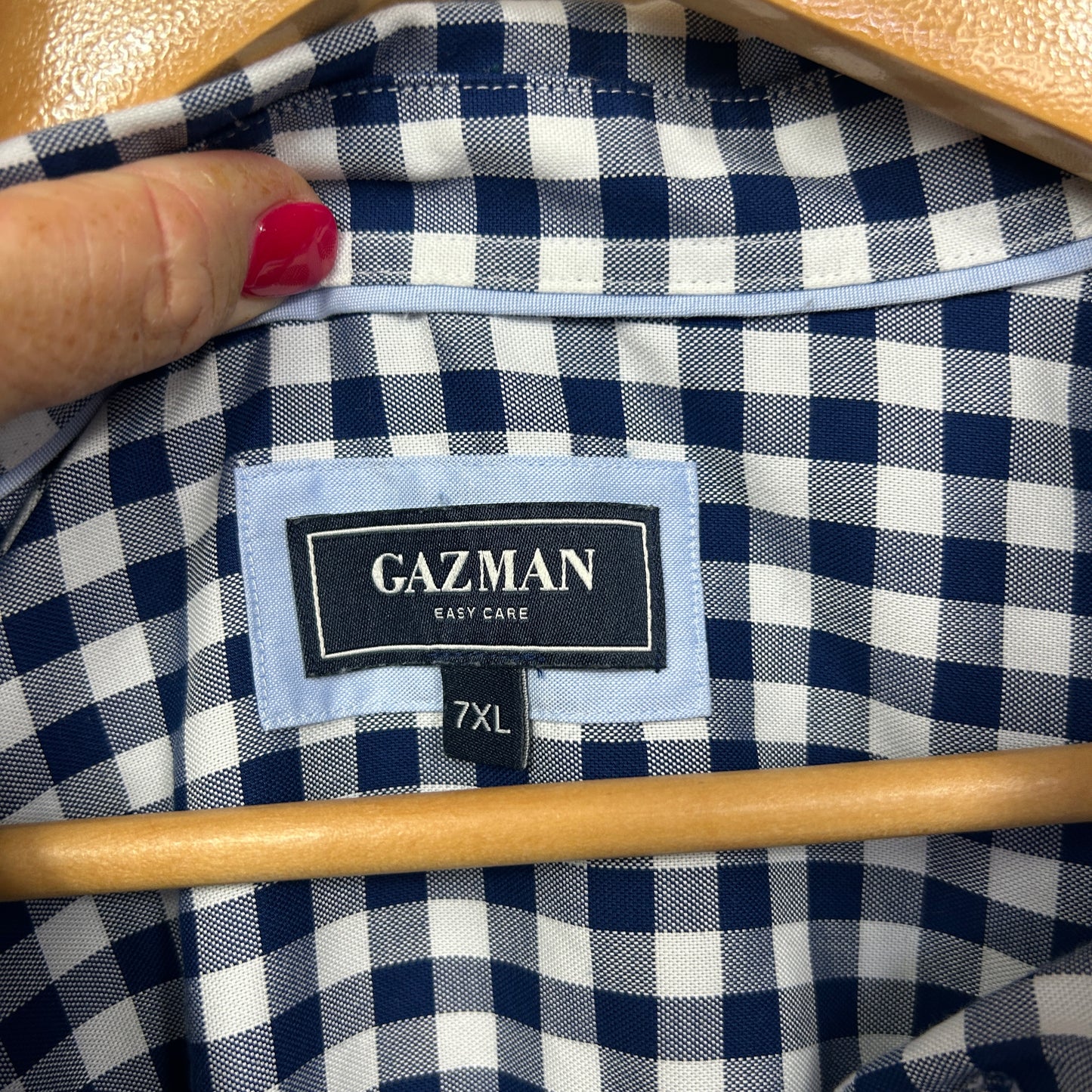 Navy and white gingham check shirt label detail view