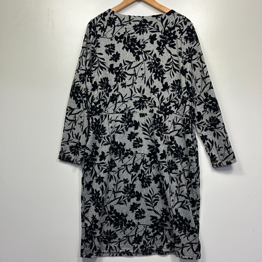 Grey and black floral long sleeve dress front view