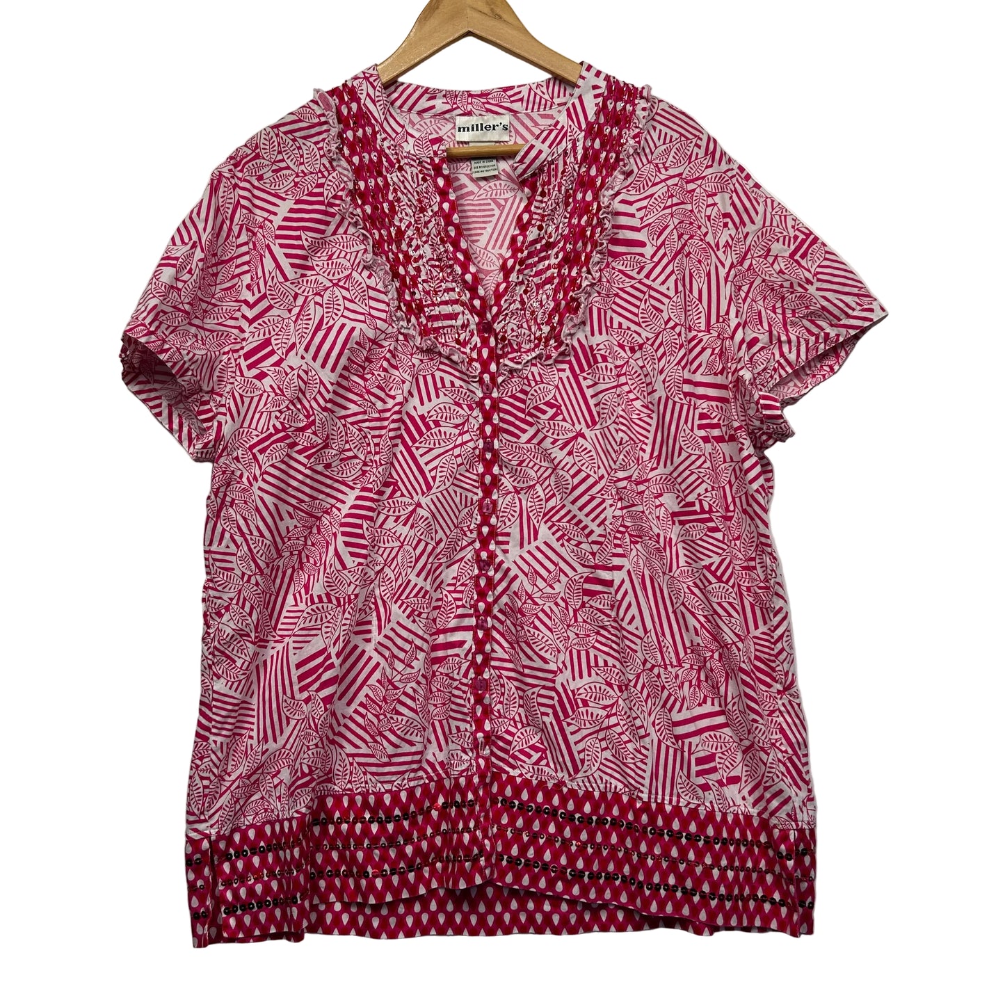 Pink patterned short sleeve blouse front view