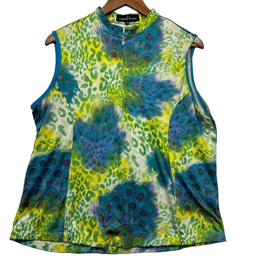 Blue and lime green leopard print sleeveless top front view