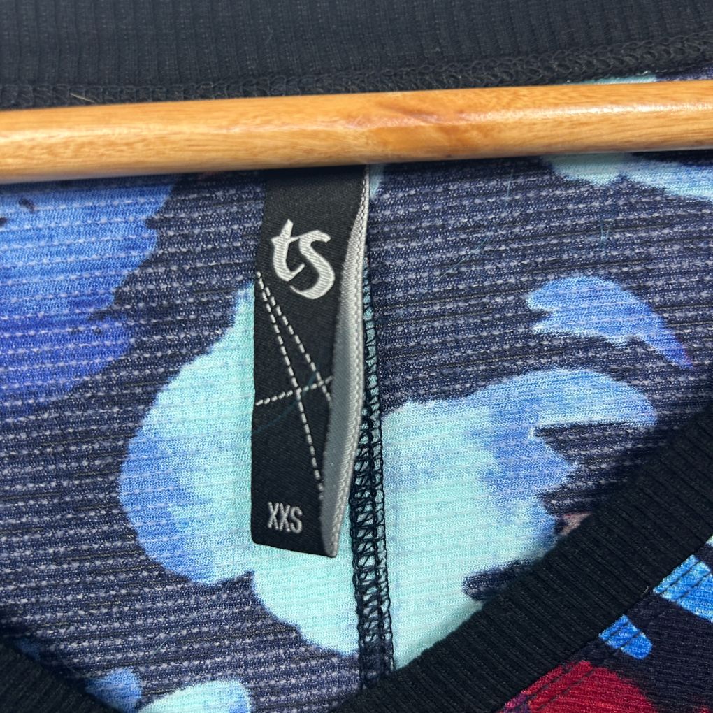 Blue graphic scarf detail view with label