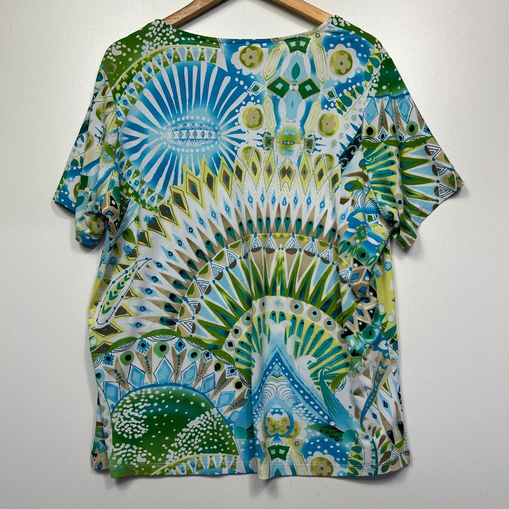 Blue and green graphic t-shirt front view