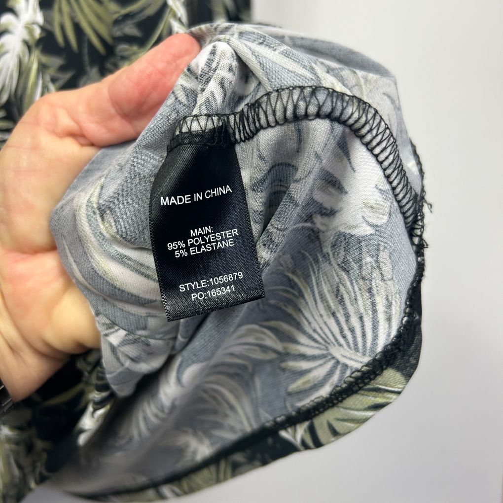 Grey and black graphic print fabric detail view