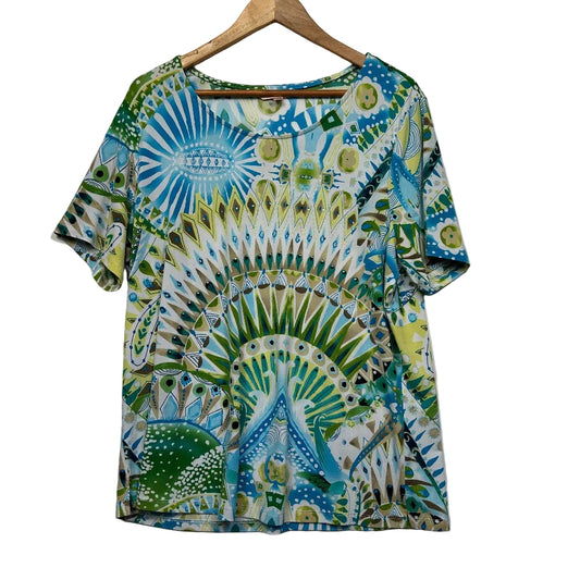 Blue and green graphic t-shirt front view