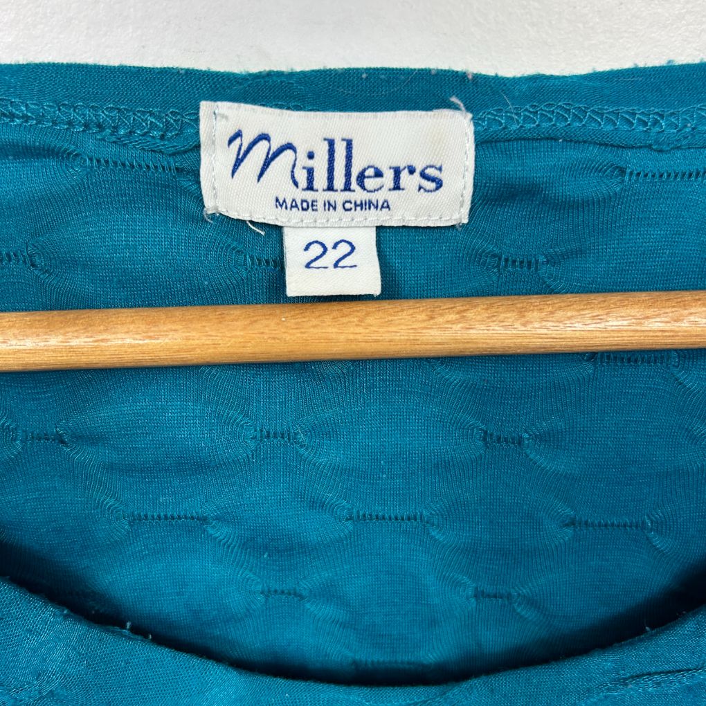 Teal sweater label detail showing Millers brand size 22