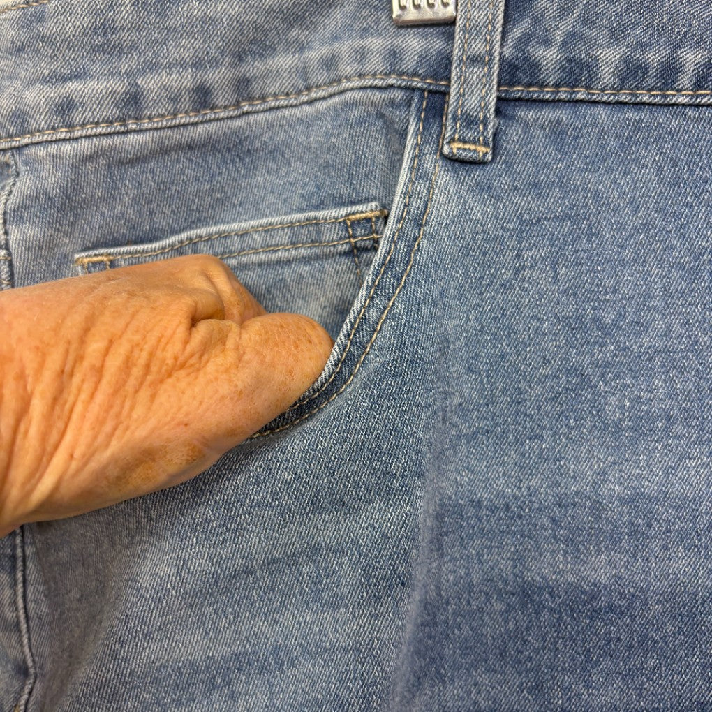 Blue denim jeans front pocket detail view