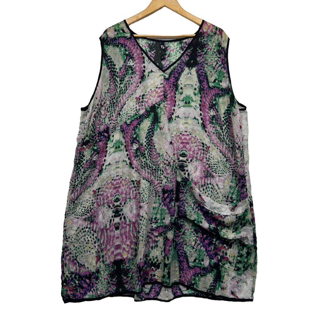 Purple green and black floral patterned sleeveless tunic dress front view