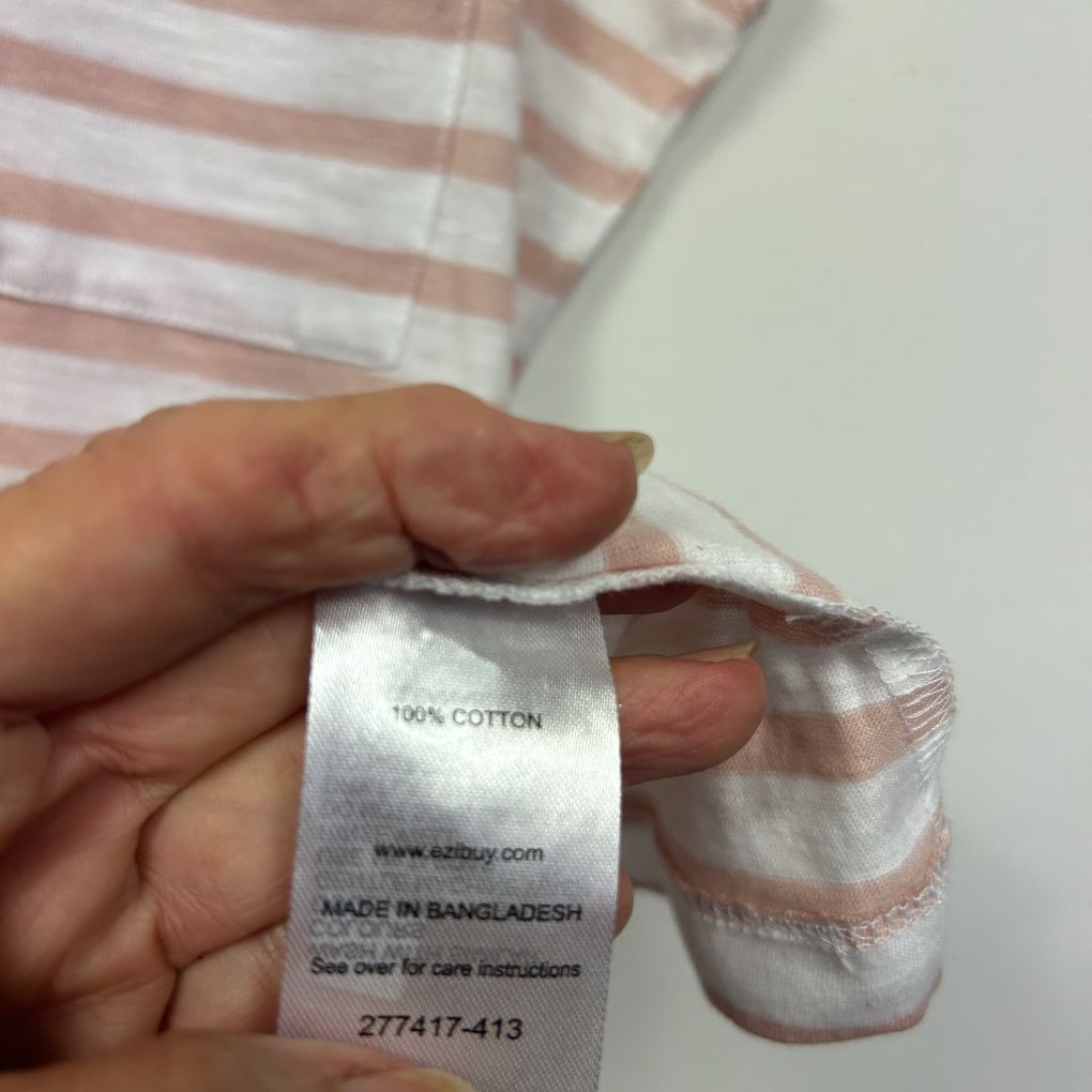Pink and white striped top label detail view