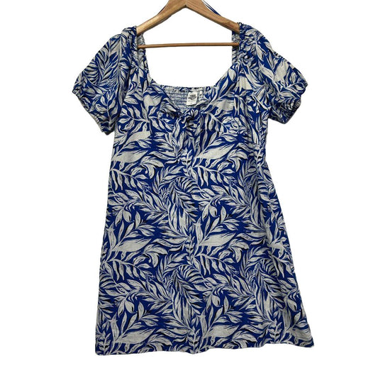 Blue and white floral short sleeve dress front view