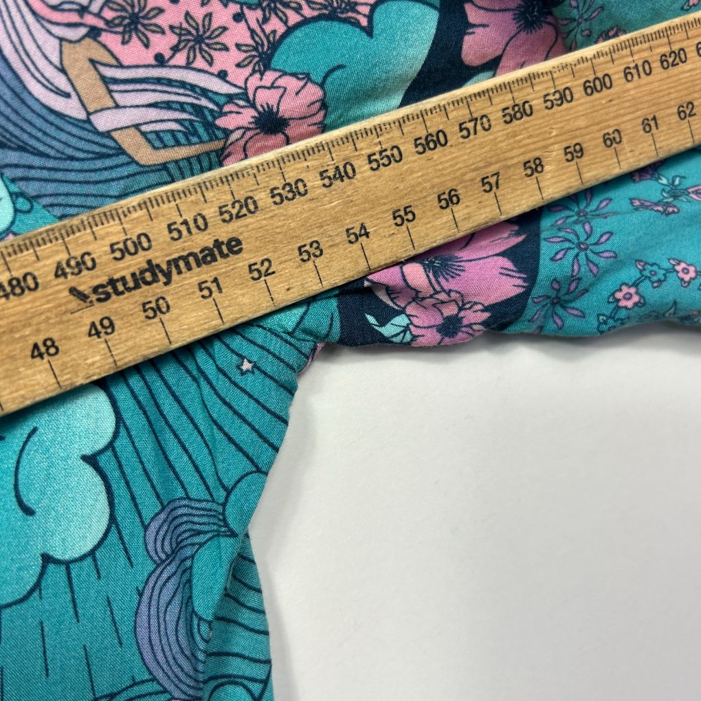 Teal and pink floral fabric with measuring tape detail view