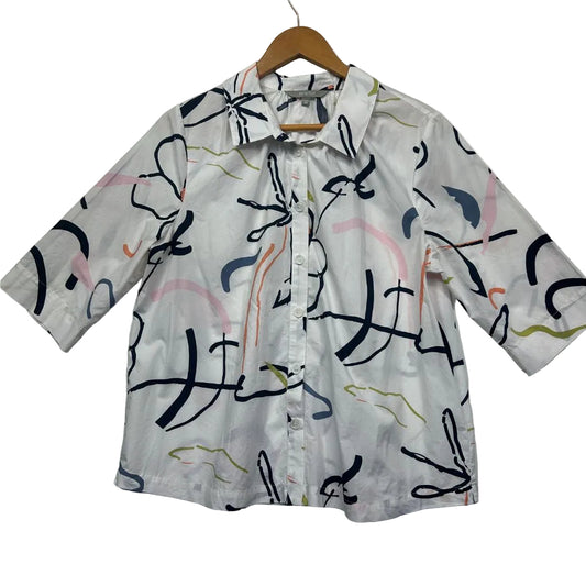 White shirt with navy and pink abstract graphic pattern front view