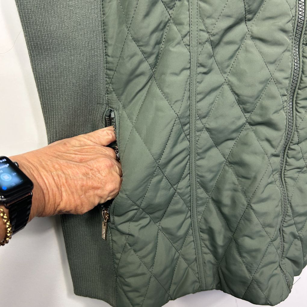 Sage green quilted jacket detail view