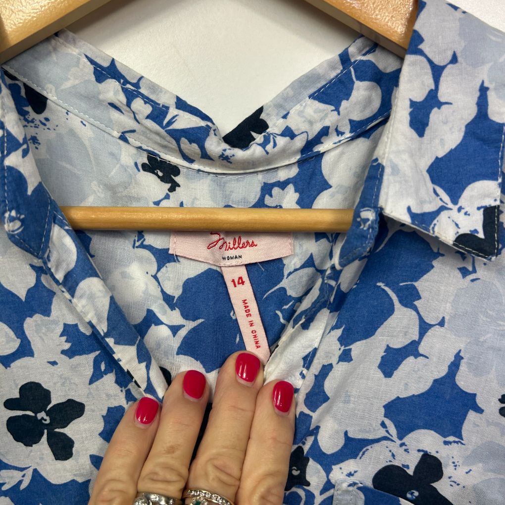Blue and white floral short sleeve shirt front view